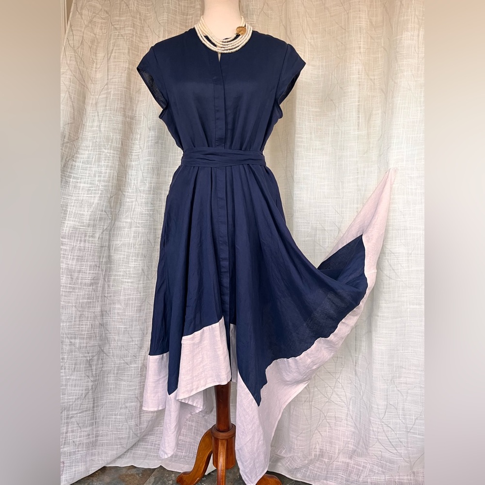 DKNY pure Asymmetrical Navy and White Linen Dress - Picture 5 of 14